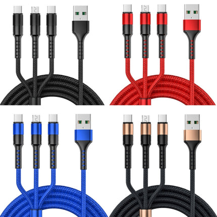 3 in 1 USB to Dual Type-C + Micro USB Quick Charging Sync Data Cable, Output:, 3A (Gold), 3A (Red), 3A (Black), 3A (Blue), 5A (Gold), 5A (Red), 5A (Black), 5A (Blue)