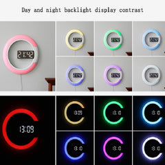 LED Mirror Hollow Wall Clock 7-color Switch Electronic Digital Display Wall Clock