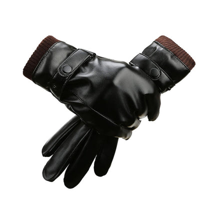 Men Autumn Winter Windproof Warm Plush Lining PU Riding Gloves, 01