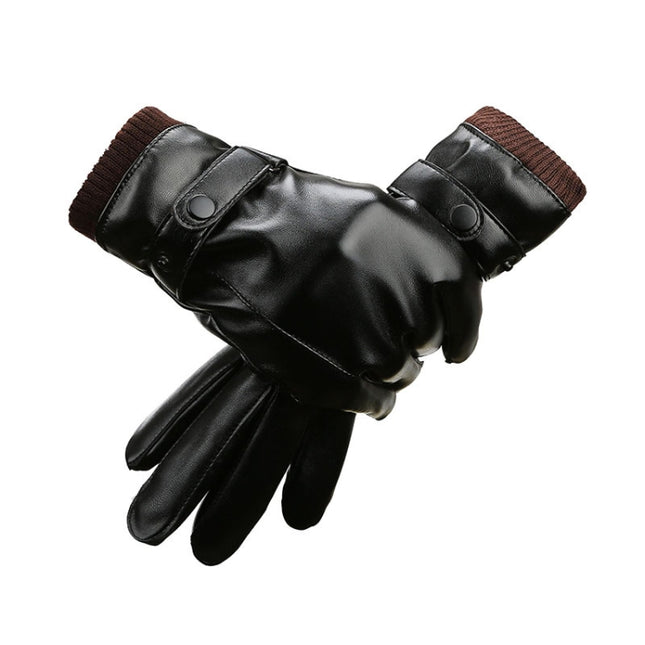 Men Autumn Winter Windproof Warm Plush Lining PU Riding Gloves, 01