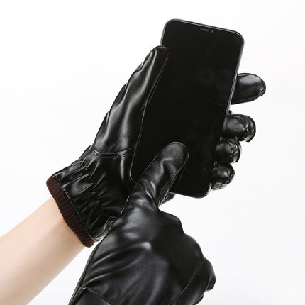 Men Autumn Winter Windproof Warm Plush Lining PU Riding Gloves, 01