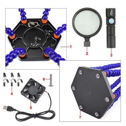 SN6SB-USB Six-Claw LED Lights Welding Station With Magnifying Glass & Fan, SN6SB-USB