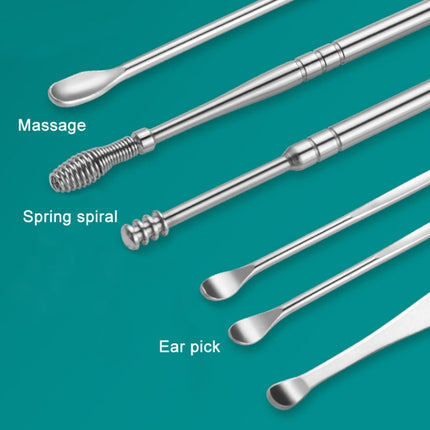 6 In 1 Stainless Steel Spring Spiral Portable Ear Pick, Yellow Leather Case, Pink Leather Case, Black Leather Case, Yellow, Blue, Pink, Green, Purple, Black
