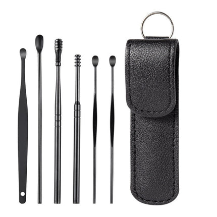 6 In 1 Stainless Steel Spring Spiral Portable Ear Pick, Yellow Leather Case, Pink Leather Case, Black Leather Case, Yellow, Blue, Pink, Green, Purple, Black