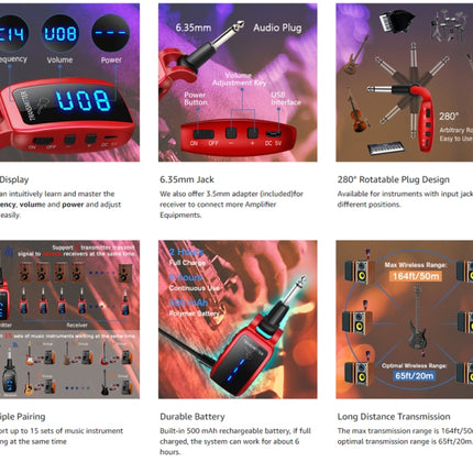 U12DX  6.35mm Jack Wireless Guitar Transmitter Receiver Rechargeable Adapter, U12DX Red, U12DX Black