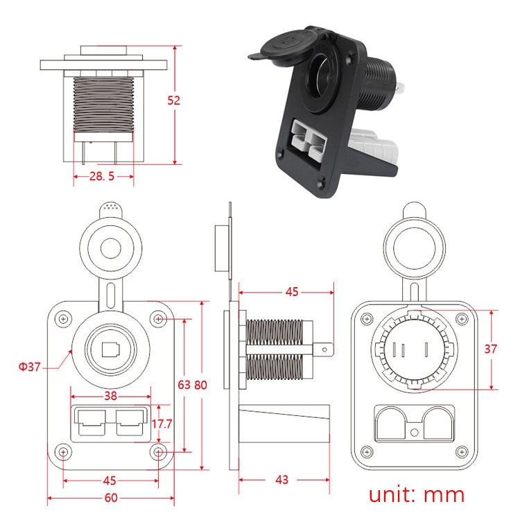 Andersen Panel Large Current Plug With 12V Cigarette Lighter Panel Combination