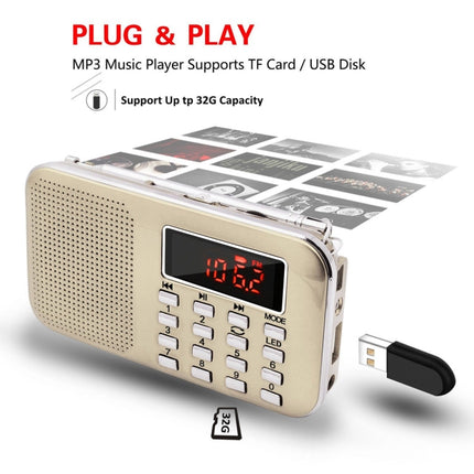 L-218AM  MP3 Radio Speaker Player Support TF Card USB with LED Flashlight Function, Gold, Black, Blue, White, Red