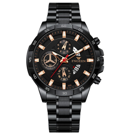 FNGEEN 5225 Multifunctional Waterproof Quartz Watch, Black Steel Black Shell Black Surface