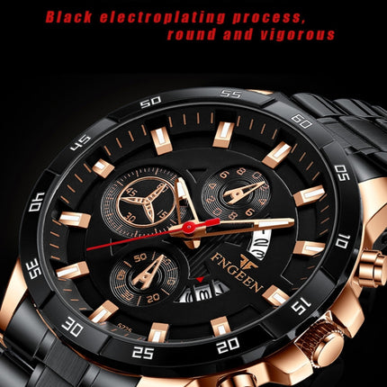 FNGEEN 5225 Multifunctional Waterproof Quartz Watch, Black Steel Black Shell Black Surface