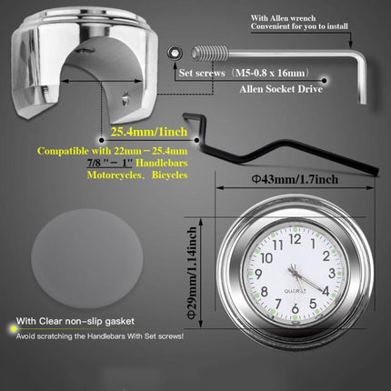 Aluminum Alloy Plating Motorcycle Handlebar Clock, Clock Silver Shell Black Background, Clock Silver Shell White Background, Clock Black Shell White Background, Clock Black Shell Black Background