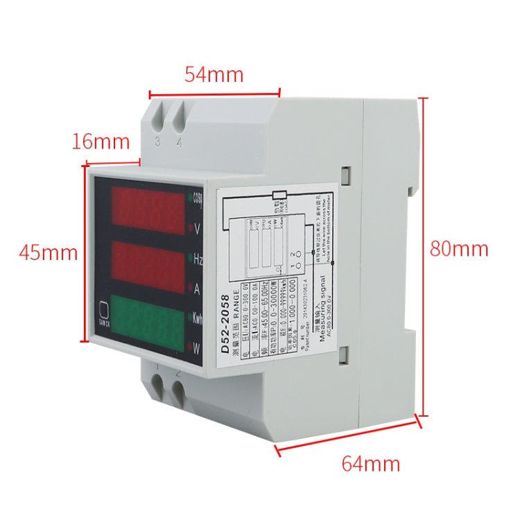 D52-2058 Wattmeter Din rail Volt Current Meter, AC80-300V Built-in CT, AC200-450V Built-in CT