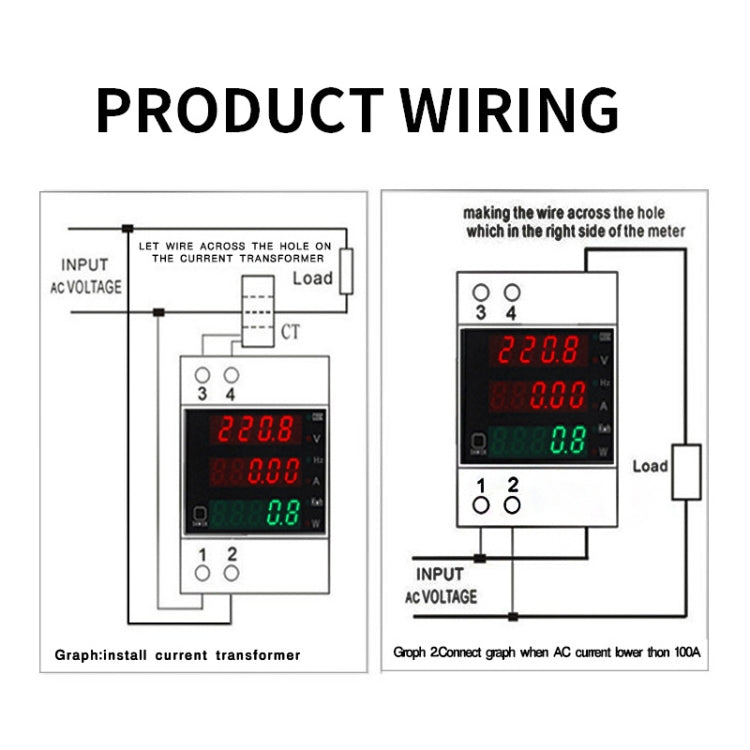 D52-2058 Wattmeter Din rail Volt Current Meter, AC80-300V Built-in CT, AC200-450V Built-in CT