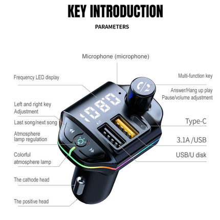 A10 Colorful Atmosphere Light FM Bluetooth Transmitter Car Charger, A10
