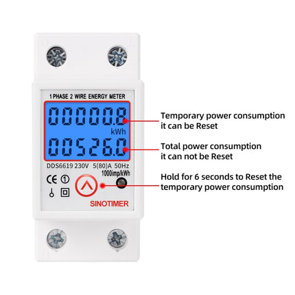 SINOTIMER DDS6619-526L-2 Can Reset Zero Backlight Display Single-phase Rail Electric Energy Meter, DDS6619-526L-2