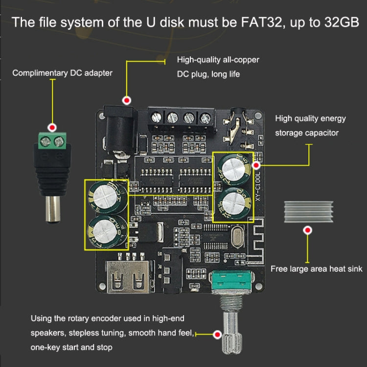 XY-C100L Stereo Stepless Tuning Bluetooth Digital Power Amplifier Board, XY-C100L