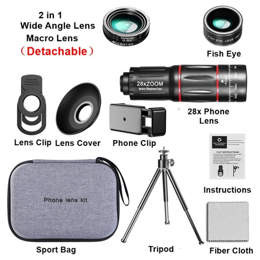 Mobile Phone Universal Lens Telescope 28X + Wide Angle 0.6X + Macro 20X + Fisheye 198 Degree Set, Multi-combination Set