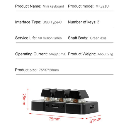 MK321 3 Keys Custom Keys Game Office PS Clip Macro Programming Keypad, Cable Length: 1.5m, White, Black