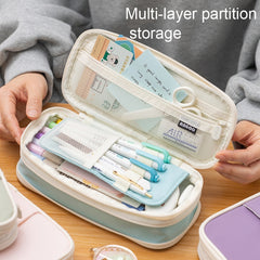 Angoo Macaron Double-layer Retractable Large-capacity Pencil Case Stationery Box, Pink, Green, Light Blue, Dark Blue, Purple