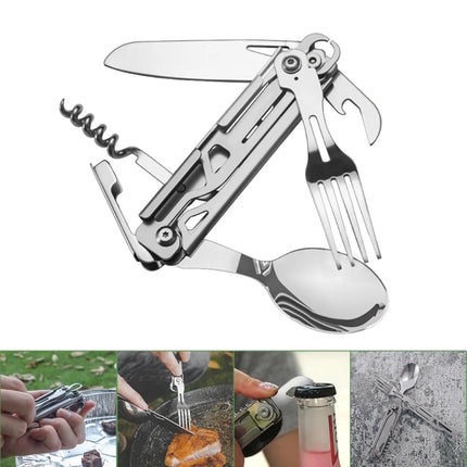6-in-1 Folding Tableware (Fork/Knife/Spoon/Bottle Opener) for Camping and Survival