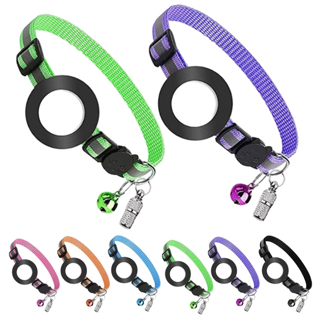 Collar con colgante de dirección antipérdida para mascotas con cascabel para Airtag, verde, morado, negro, rosa, naranja y azul
