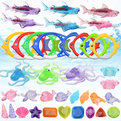 Diving Swimming Pool Toys Children Summer Water Toys, 4PCS Torpedo, 5PCS Diving Stick, 3PCS Octopus, 4PCS Hard Ring, 4PCS Soft Ring, 3PCS Small Seaweed, 3PCS Big Seaweed, 8PCS Small Stones (large), 8PCS Big Stones (small), 4PCS Sea Horses, 4PCS Sharks�...