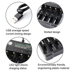 18650 4.2V Lithium Battery USB Independent 4 Slot Charger, 4 Slot USB(Black)