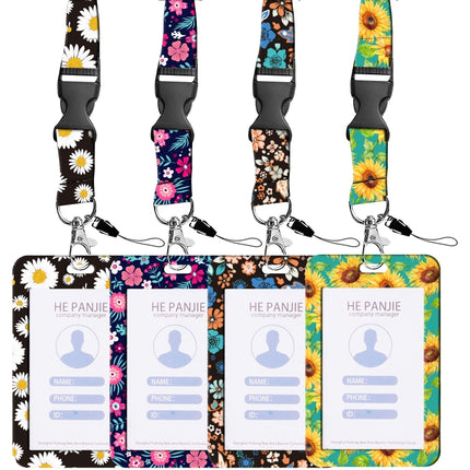 Floral Adjustable Retractable Card Holder Name Badge Work Bank Credit Card Sleeve, Black and White, Red Flower, Blue Flower, Green Sunflower