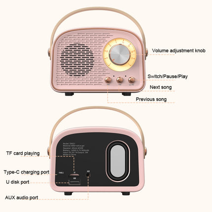 DW21 Vintage Radio BT Speaker Support TF Card/U Disk to Play, White, Dark Green, Light Green, Pink, Wood Grain