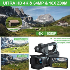 64MP 18X Zoom 4-Inch Touch Screen Handheld Digital Video Camera, 4K 16G, 4K 32G, 4K 64G