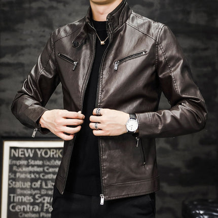 Men Washed PU Padded Slim-Fit Motorbike Leather Jacket