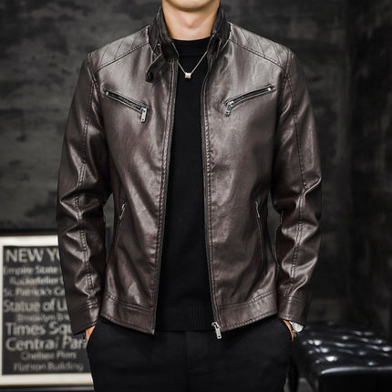 Men Washed PU Padded Slim-Fit Motorbike Leather Jacket