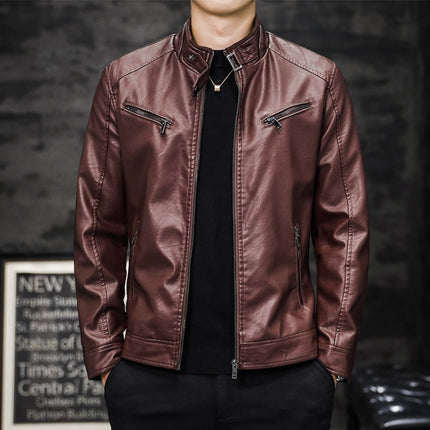 Men Washed PU Padded Slim-Fit Motorbike Leather Jacket