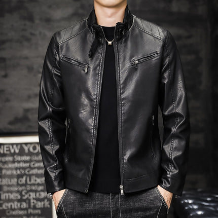Men Washed PU Padded Slim-Fit Motorbike Leather Jacket