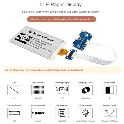 Waveshare 5inch E-Paper Display 960×552 Resolution, SPI Interface Compatible With Raspberry Pi GPIO, Display Only, With Driver HAT