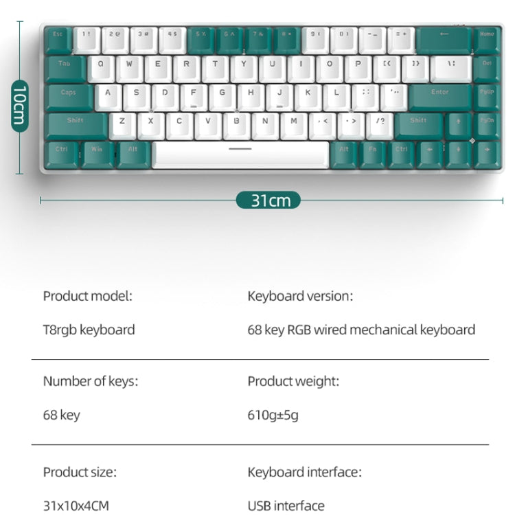 ZIYOU LANG T8 68 Keys RGB Gaming Mechanical Keyboard, Cable Length: 1.5m, Style:, T8 Micro Light Version Green Shaft