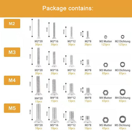 M2/M3/M4/M5 Flat Head Hexagon Socket Screws Gasket Ring Set, 940 PCS/Set