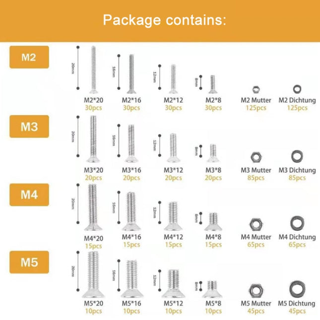 M2/M3/M4/M5 Flat Head Hexagon Socket Screws Gasket Ring Set, 940 PCS/Set