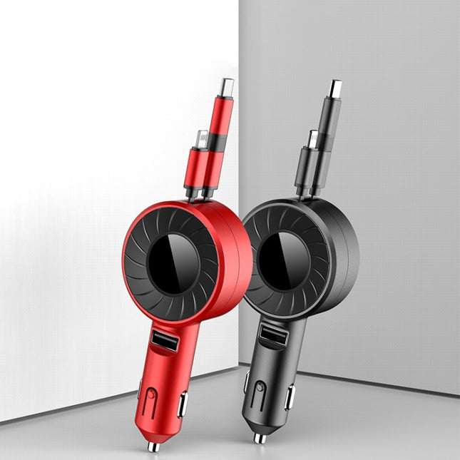 3 In 1 USB Dual Cable Single Pull Retractable Car Charger, Red, Black