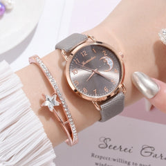 Ladies Moon Pattern Dial PU Strap Quartz Watch, White, Yellow, Red, Purple, Blue, Black, Pink, Grey, Brown, Sky Blue, Pink+Bracelet, Red+Bracelet, Blue+Bracelet, Gray+Bracelet, Brown+Bracelet, Black+Bracelet, White+Bracelet, Yellow+Bracelet������������...