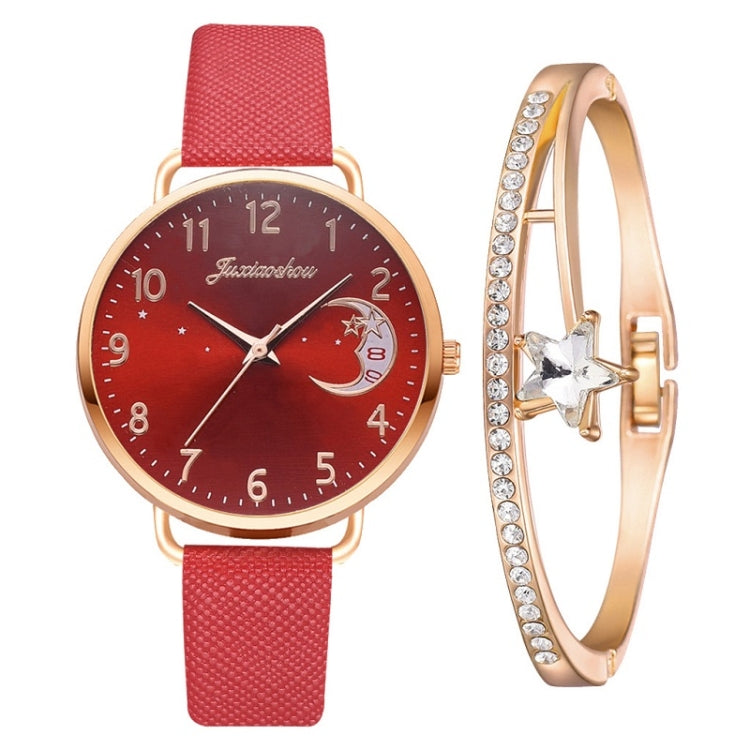 Ladies Moon Pattern Dial PU Strap Quartz Watch, White, Yellow, Red, Purple, Blue, Black, Pink, Grey, Brown, Sky Blue, Pink+Bracelet, Red+Bracelet, Blue+Bracelet, Gray+Bracelet, Brown+Bracelet, Black+Bracelet, White+Bracelet, Yellow+Bracelet������������...