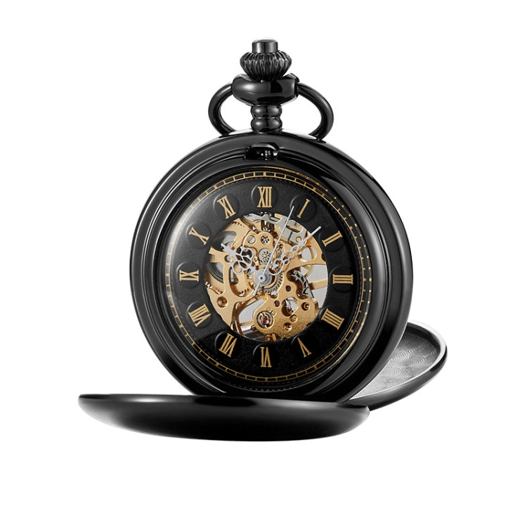 pm240 Classic Double Open Double Face Vintage Manual Mechanical Pocket Watch with Roman Lettering, Round Opening Gold Shell Gold Face, Black Shell Black Face Gold Movement, Silver Shell Silver Face Silver Movement, Gold Shell Gold Face Movement