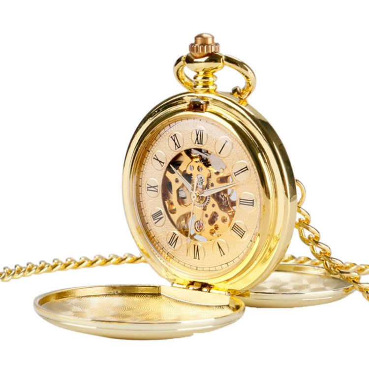 pm240 Classic Double Open Double Face Vintage Manual Mechanical Pocket Watch with Roman Lettering, Round Opening Gold Shell Gold Face, Black Shell Black Face Gold Movement, Silver Shell Silver Face Silver Movement, Gold Shell Gold Face Movement