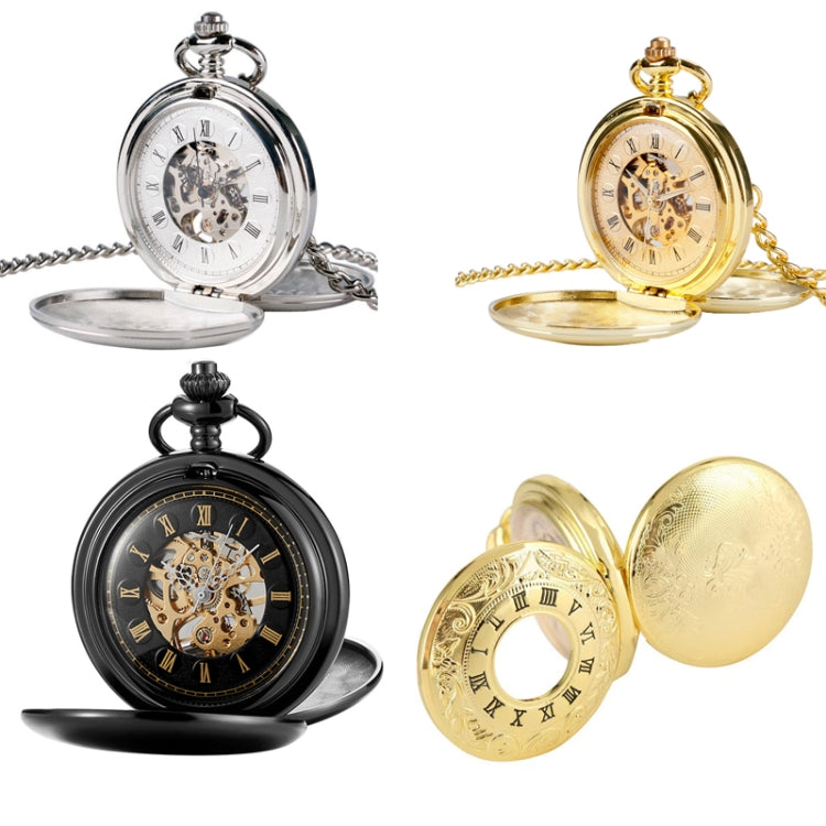 pm240 Classic Double Open Double Face Vintage Manual Mechanical Pocket Watch with Roman Lettering, Round Opening Gold Shell Gold Face, Black Shell Black Face Gold Movement, Silver Shell Silver Face Silver Movement, Gold Shell Gold Face Movement