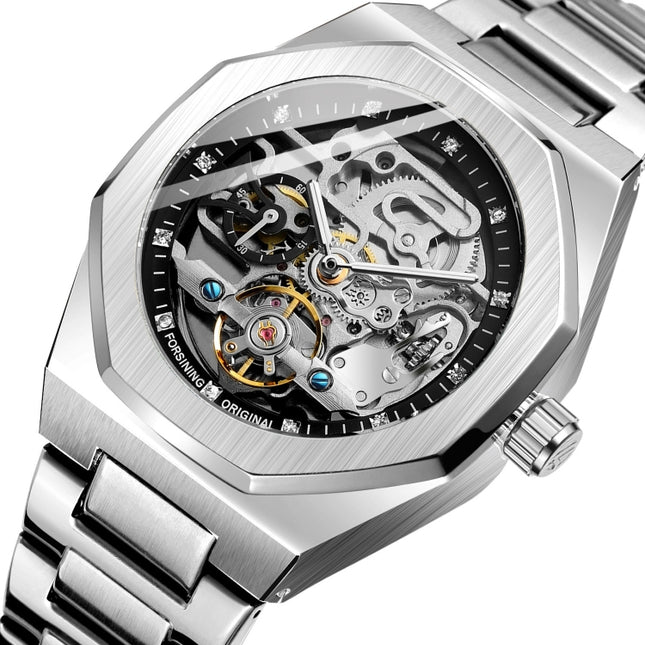 FORSINING F980 Luminous Three Eye Six Shot Weekly Steel Belt Men Fully Automatic Mechanical Watch
