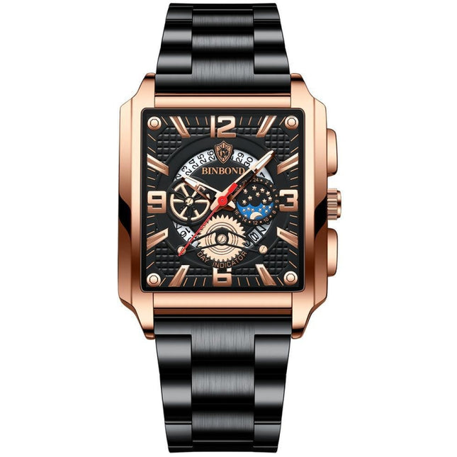 BINBONG B6575 Men Vintage Square Multifunctional Waterproof Luminous Quartz Watch, Black-Rose Gold-Black-Rose, Black-Black-Black-White, Black-Black-Black-Rose, Full Gold-Black, White-Black, Brown Leather-Rose Gold-Black, Black Leather-Rose Gold-Black  ...