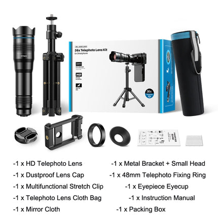Apexel APL-36XJJ020 36X HD Telescope Universal Telephoto Phone Lens + Clip + Tripod Set