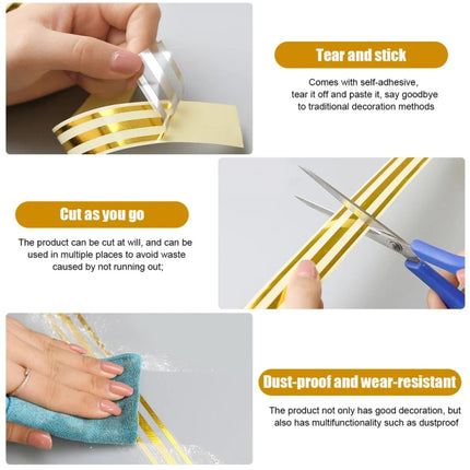 2.5cm x 5m  Golden Tile Gap Tape Waterproof PVC Self Adhesive Sticker, Gold, Silver, Laser