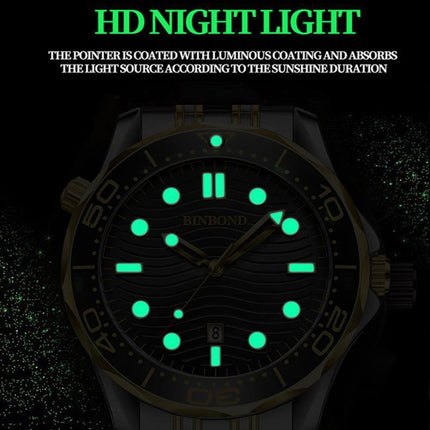 BINBOND B2820 Luminous 30m Waterproof Men Sports Quartz Watch, Inter-gold Black Surface, Inter-gold Blue Surface, Blue Silicon White Steel Blue