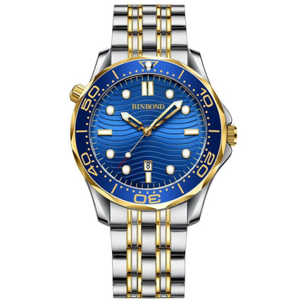 BINBOND B2820 Luminous 30m Waterproof Men Sports Quartz Watch, Inter-gold Black Surface, Inter-gold Blue Surface, Blue Silicon White Steel Blue