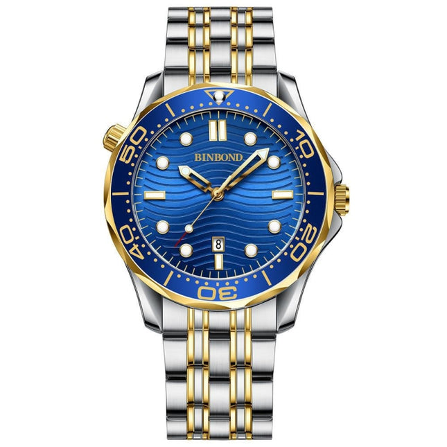 BINBOND B2820 Luminous 30m Waterproof Men Sports Quartz Watch, Inter-gold Black Surface, Inter-gold Blue Surface, Blue Silicon White Steel Blue, Black Silicon Inter-gold Black